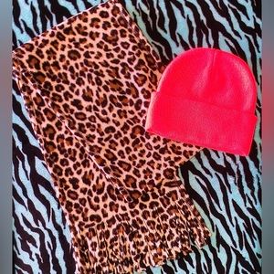 Wild Fable Beanie w/ Animal print Fleece Scarf